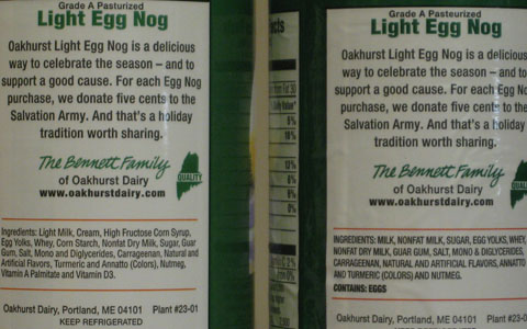 Oakhurst eggnog labels, 2011 and 2012 versions