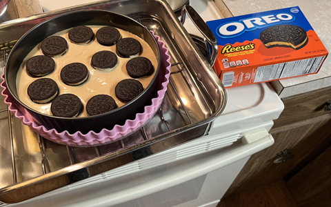Cookies placed in peanut butter batter
