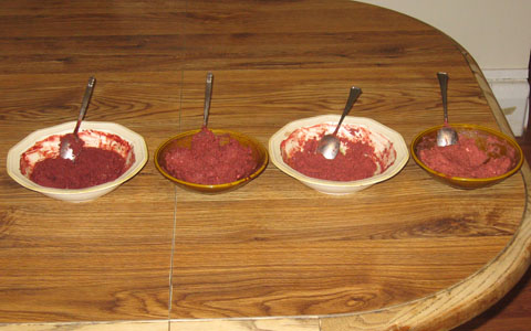 Red velvet samples (4 variants, before baking)
